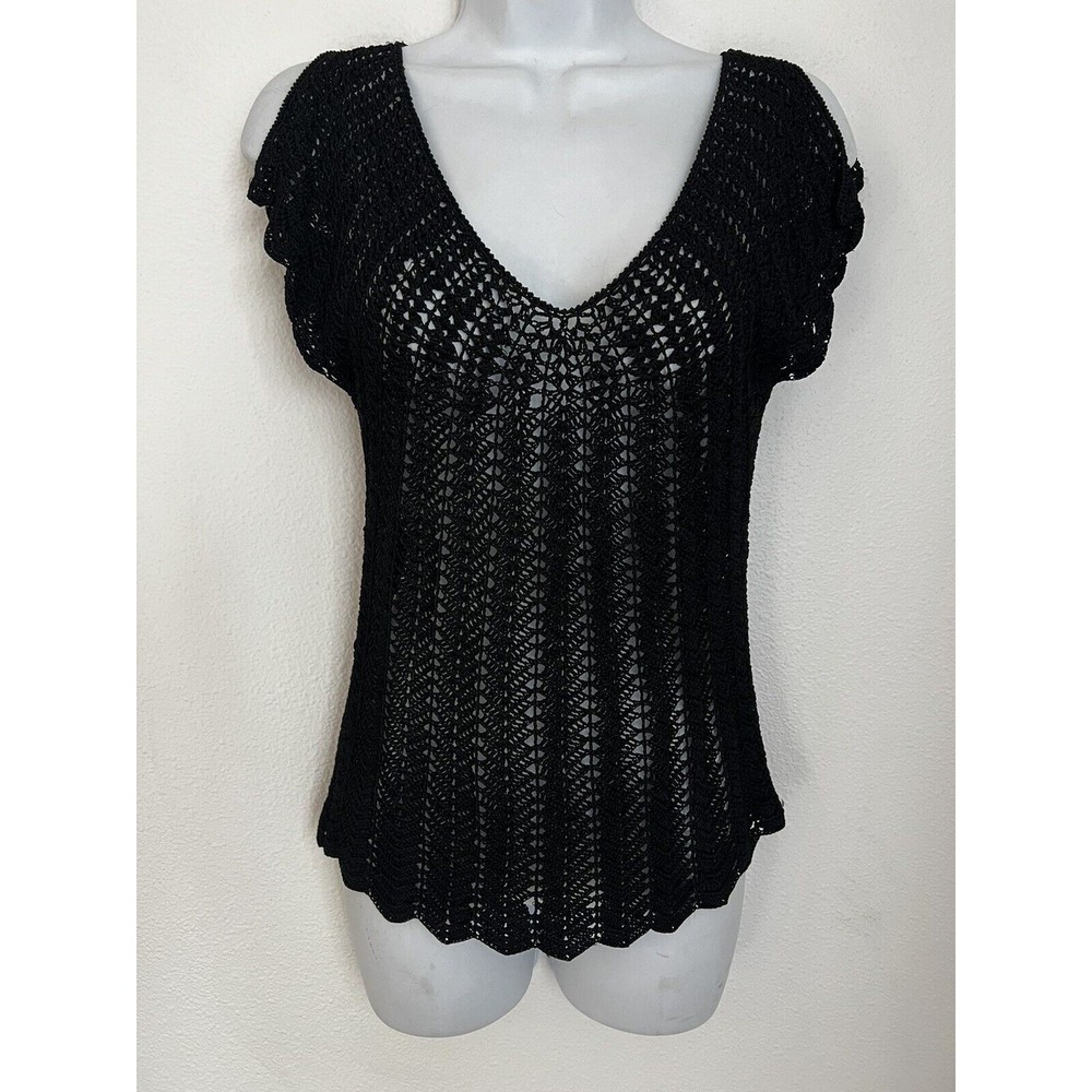 The Limited Hand knit L Black V Neck Shirt Sleeve Crochet Sweater Rayon Boho